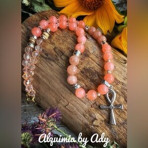 Pink and Silver Beaded Necklace with Elegant Pendant peach moonstone